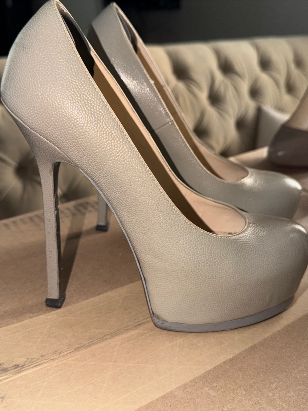 Yves Saint Laurent Pebbled Leather Platform Pumps in Light Taupe